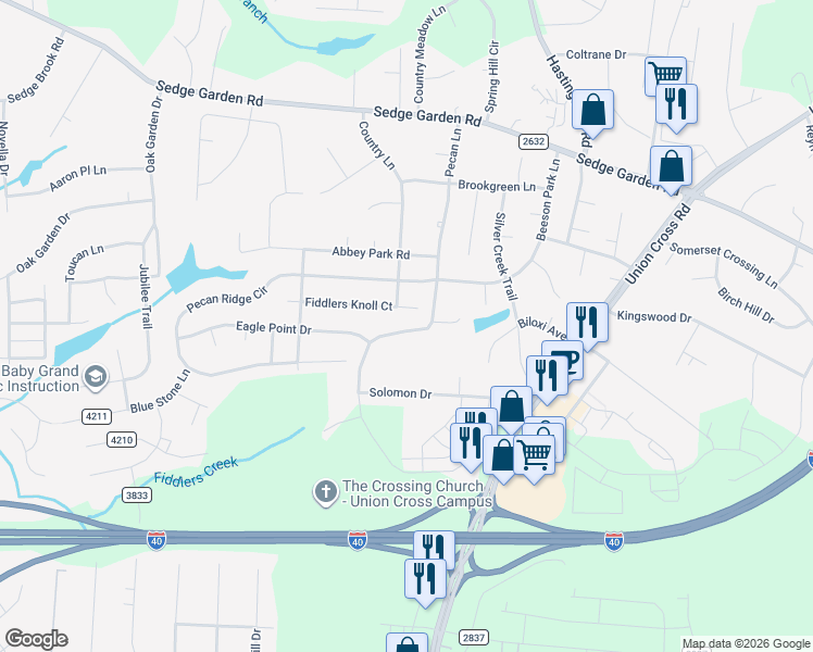 map of restaurants, bars, coffee shops, grocery stores, and more near 113 Fiddlers Knoll Court in Kernersville