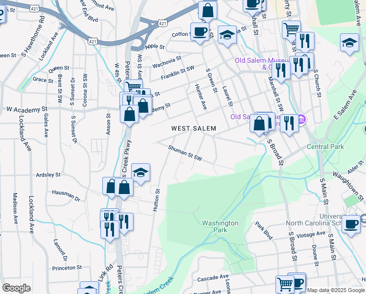 map of restaurants, bars, coffee shops, grocery stores, and more near 844 Holland Street Southwest in Winston-Salem