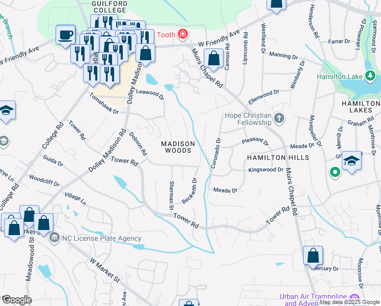 map of restaurants, bars, coffee shops, grocery stores, and more near 404 Arrowhead Drive in Greensboro