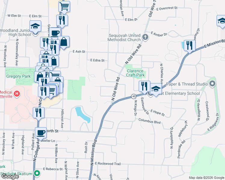 map of restaurants, bars, coffee shops, grocery stores, and more near 1601 North Old Wire Road in Fayetteville