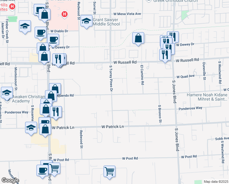 map of restaurants, bars, coffee shops, grocery stores, and more near 6437 West Quail Avenue in Las Vegas
