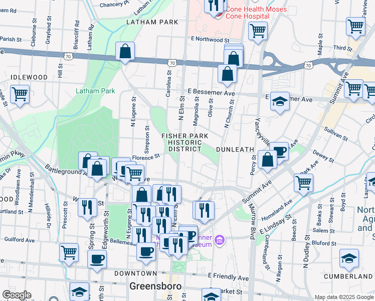 map of restaurants, bars, coffee shops, grocery stores, and more near in Greensboro