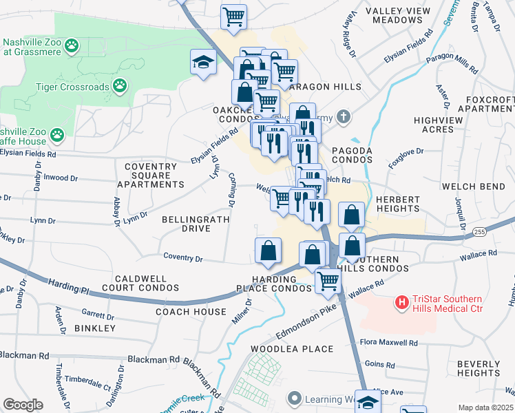 map of restaurants, bars, coffee shops, grocery stores, and more near 4836 Corning Drive in Nashville