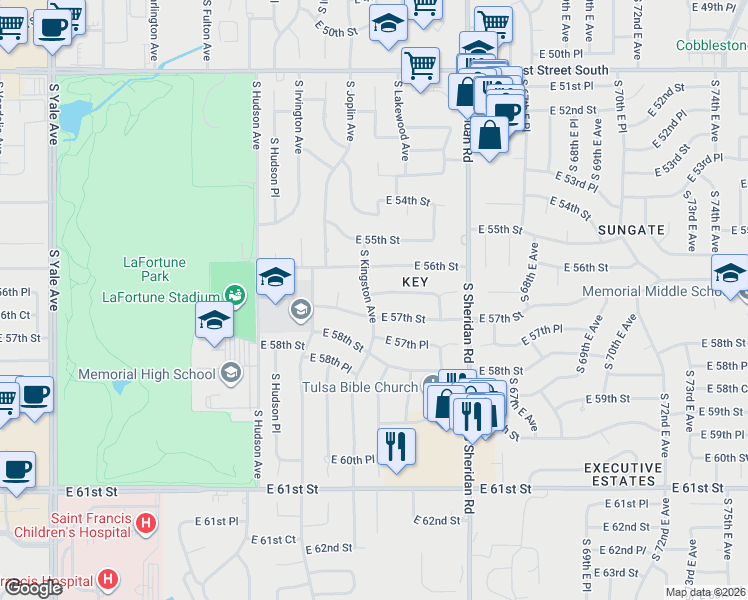 map of restaurants, bars, coffee shops, grocery stores, and more near 6007 East 56th Place in Tulsa