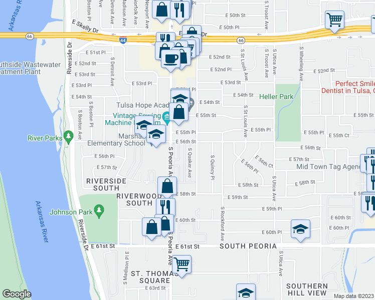 map of restaurants, bars, coffee shops, grocery stores, and more near 5607 South Quaker Avenue in Tulsa