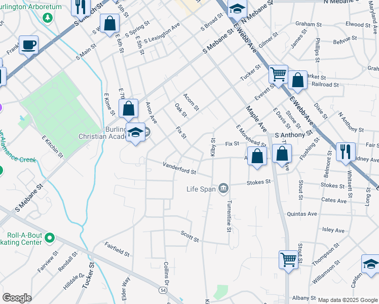 map of restaurants, bars, coffee shops, grocery stores, and more near 732 Everett Street in Burlington