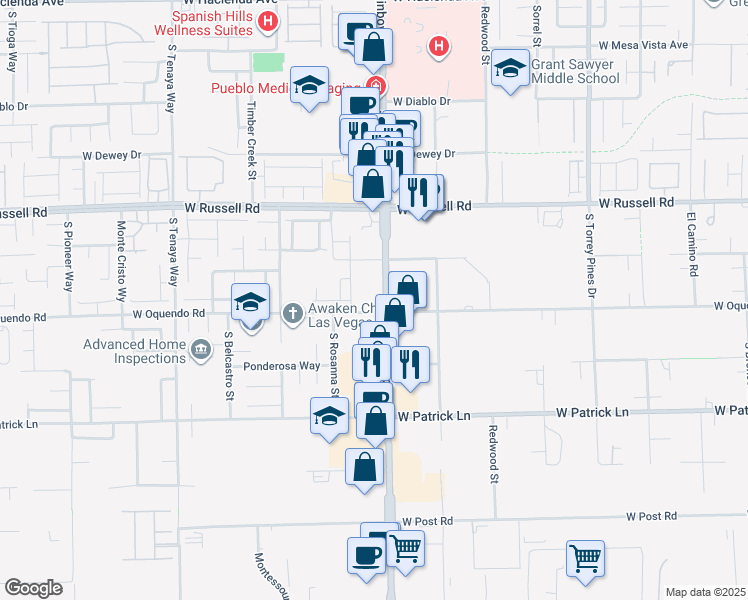 map of restaurants, bars, coffee shops, grocery stores, and more near 5875 South Rainbow Boulevard in Las Vegas