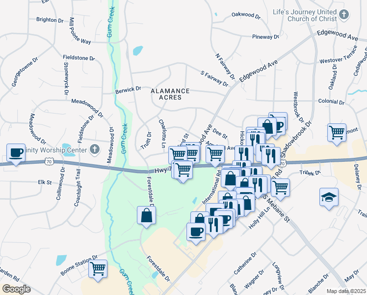 map of restaurants, bars, coffee shops, grocery stores, and more near 2818 Bedford Street in Burlington