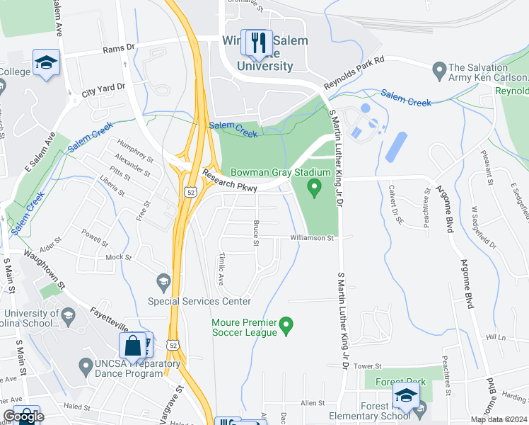 map of restaurants, bars, coffee shops, grocery stores, and more near 1504 Gholson Avenue South East in Winston-Salem