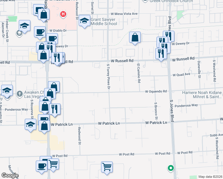 map of restaurants, bars, coffee shops, grocery stores, and more near 6437 West Quail Avenue in Las Vegas