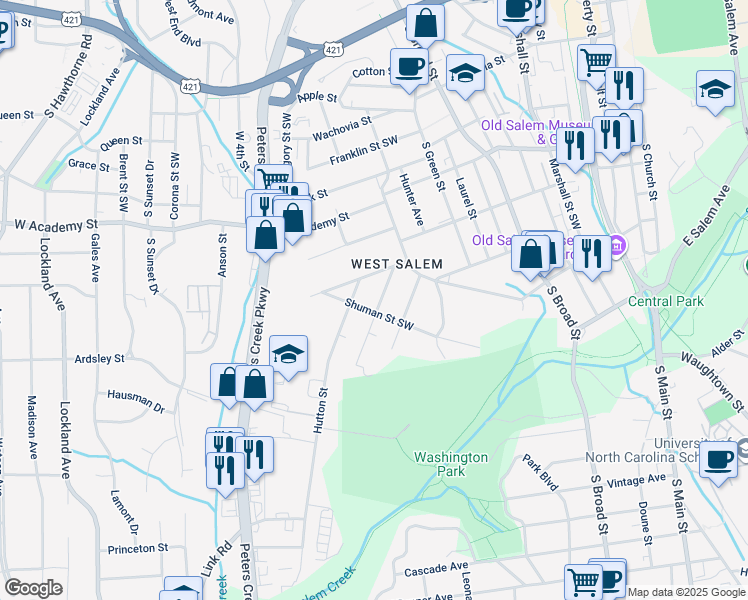 map of restaurants, bars, coffee shops, grocery stores, and more near 844 Holland Street Southwest in Winston-Salem