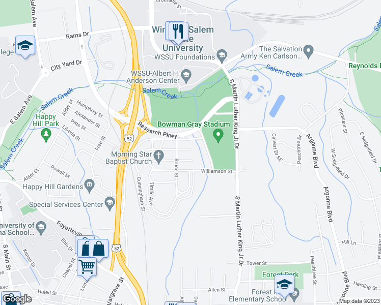 map of restaurants, bars, coffee shops, grocery stores, and more near 1514 Gholson Avenue South East in Winston-Salem