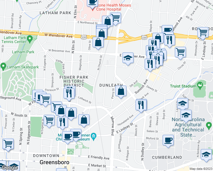 map of restaurants, bars, coffee shops, grocery stores, and more near 700 Chestnut Street in Greensboro