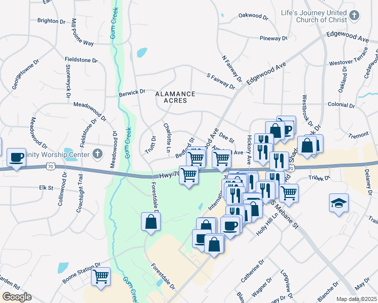 map of restaurants, bars, coffee shops, grocery stores, and more near 2818 Bedford Street in Burlington