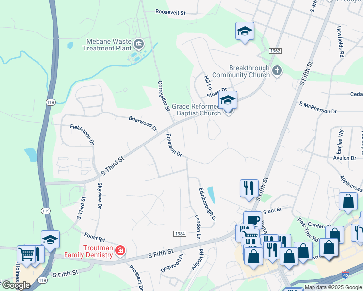 map of restaurants, bars, coffee shops, grocery stores, and more near 747 Phelps and Workman Road in Mebane