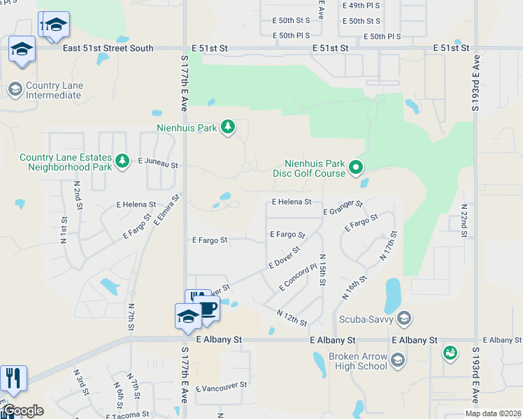map of restaurants, bars, coffee shops, grocery stores, and more near 1400 East Helena Street in Broken Arrow
