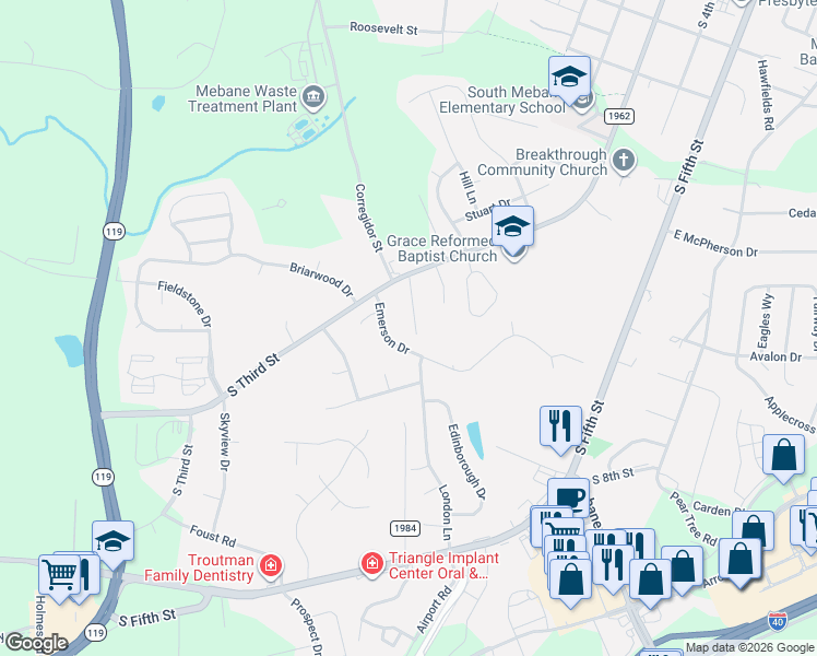 map of restaurants, bars, coffee shops, grocery stores, and more near 742 Phelps and Workman Road in Mebane