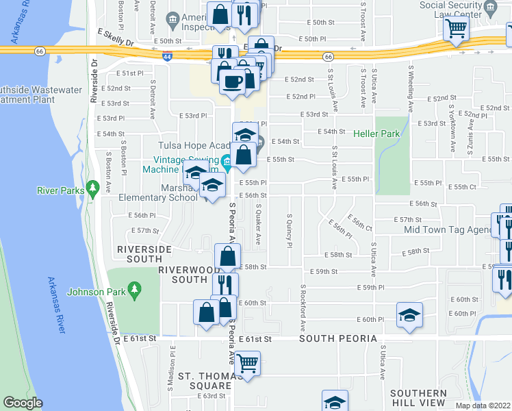 map of restaurants, bars, coffee shops, grocery stores, and more near 5606 South Quaker Avenue in Tulsa