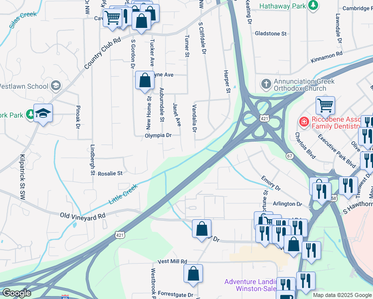 map of restaurants, bars, coffee shops, grocery stores, and more near 445 Janet Avenue in Winston-Salem