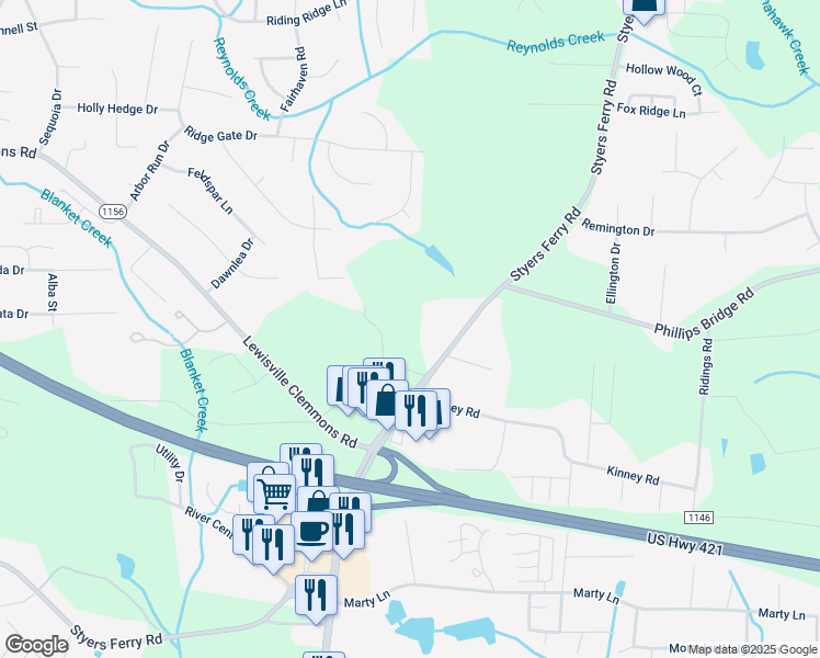 map of restaurants, bars, coffee shops, grocery stores, and more near 4929 Styers Ferry Road in Lewisville