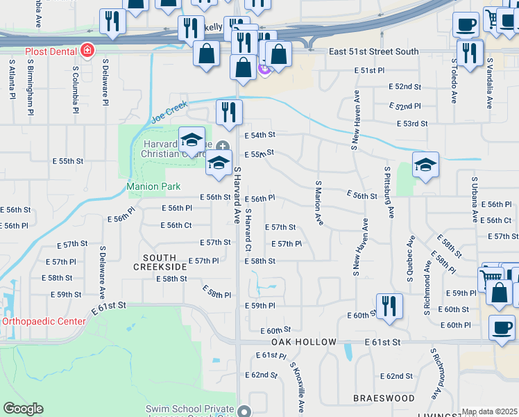 map of restaurants, bars, coffee shops, grocery stores, and more near 3403 East 56th Place in Tulsa