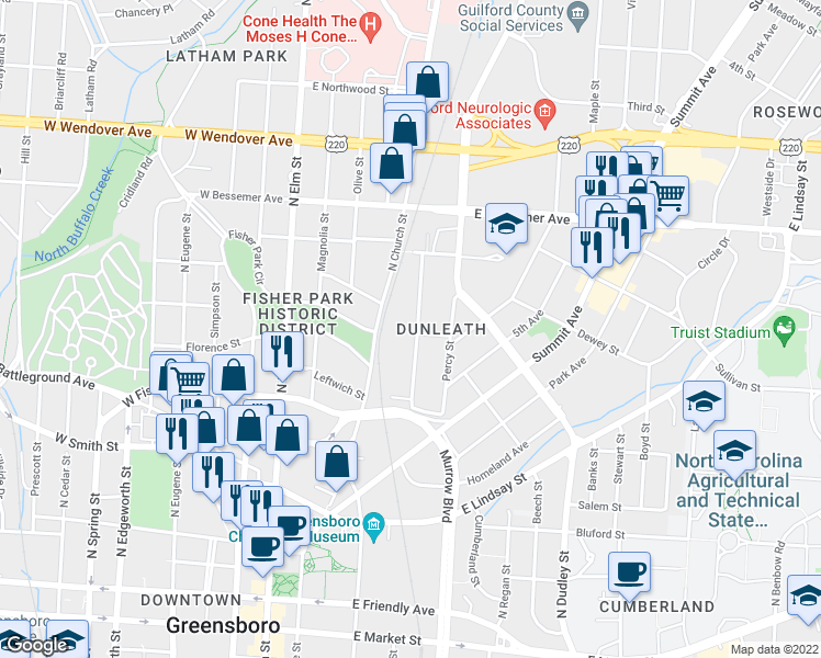 map of restaurants, bars, coffee shops, grocery stores, and more near 701 Chestnut Street in Greensboro