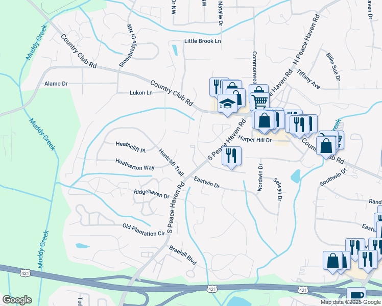 map of restaurants, bars, coffee shops, grocery stores, and more near 148 Cedar Cove Lane in Winston-Salem