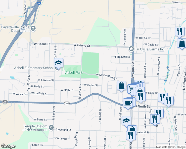 map of restaurants, bars, coffee shops, grocery stores, and more near 1488 West Mount Comfort Road in Fayetteville