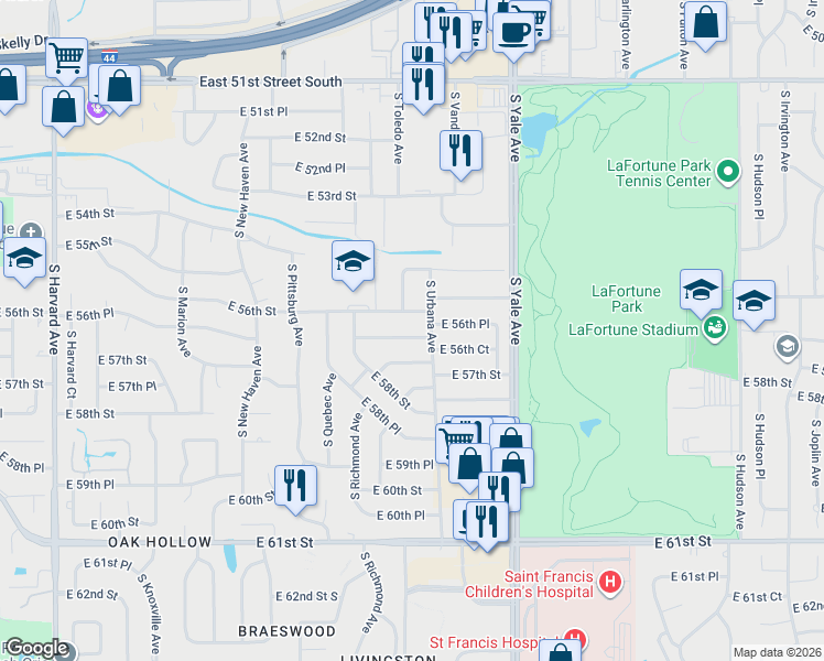 map of restaurants, bars, coffee shops, grocery stores, and more near 4528 East 56th Street in Tulsa