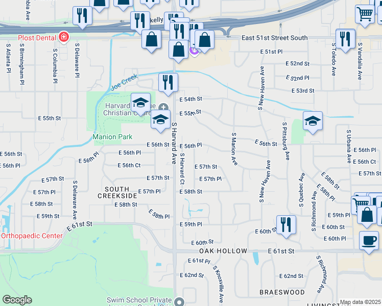 map of restaurants, bars, coffee shops, grocery stores, and more near 3403 East 56th Place in Tulsa