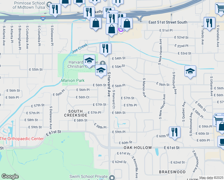 map of restaurants, bars, coffee shops, grocery stores, and more near 3305 East 56th Place in Tulsa