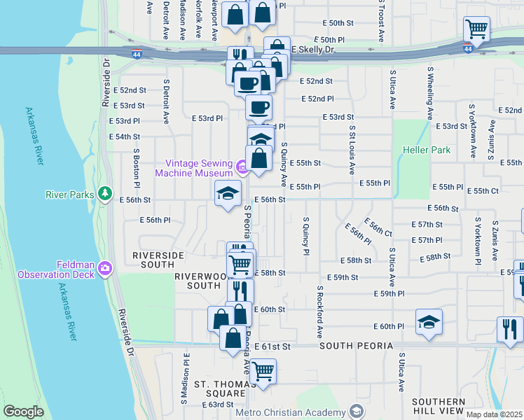 map of restaurants, bars, coffee shops, grocery stores, and more near 5608 South Quaker Avenue in Tulsa