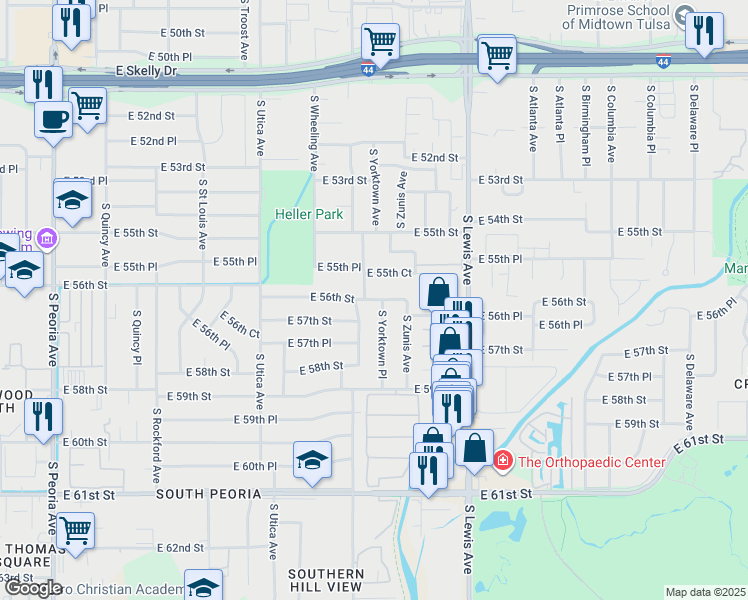 map of restaurants, bars, coffee shops, grocery stores, and more near 2104 East 56th Street in Tulsa