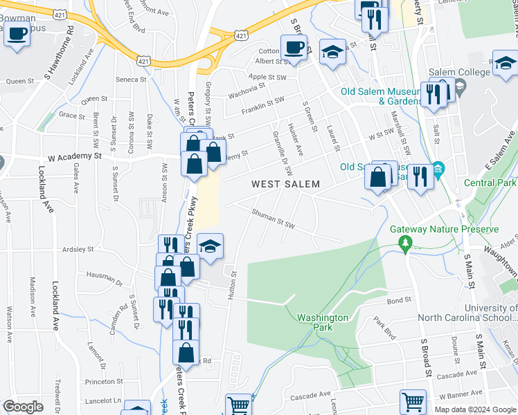 map of restaurants, bars, coffee shops, grocery stores, and more near 817 Hutton Street in Winston-Salem