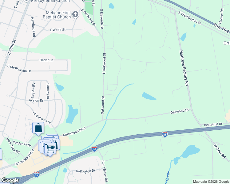 map of restaurants, bars, coffee shops, grocery stores, and more near 906 East Oakwood Street Extension in Mebane