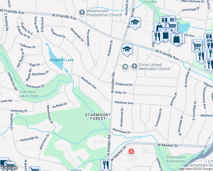 map of restaurants, bars, coffee shops, grocery stores, and more near 3905 Dogwood Drive in Greensboro