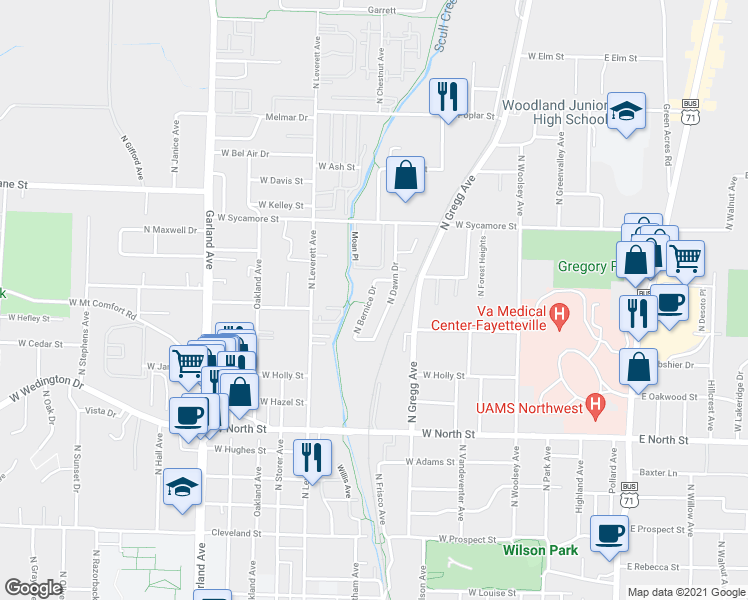 map of restaurants, bars, coffee shops, grocery stores, and more near 1504 North Bernice Drive in Fayetteville