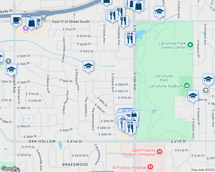 map of restaurants, bars, coffee shops, grocery stores, and more near 4528 East 56th Street in Tulsa
