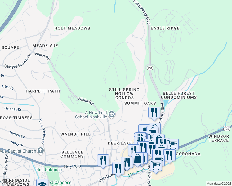 map of restaurants, bars, coffee shops, grocery stores, and more near 229 Still Spring Hollow Court in Nashville