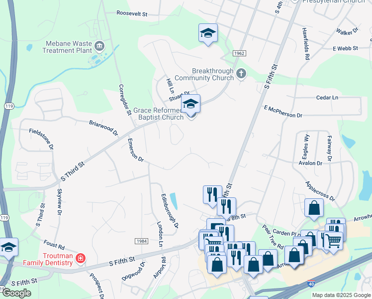 map of restaurants, bars, coffee shops, grocery stores, and more near 101 Westminster Court in Mebane