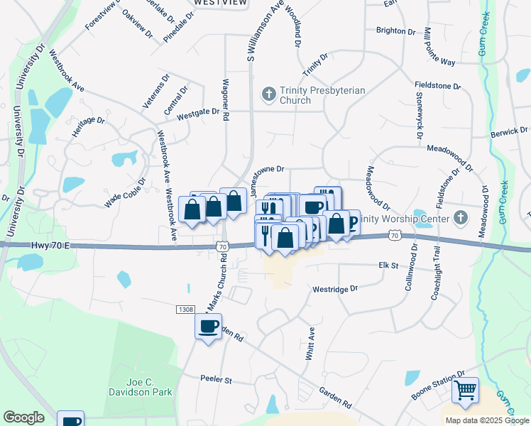 map of restaurants, bars, coffee shops, grocery stores, and more near 1236 Jamestowne Drive in Elon