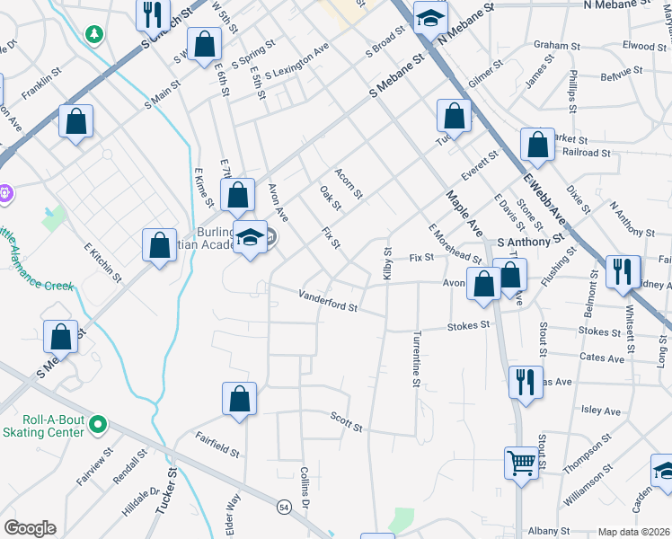 map of restaurants, bars, coffee shops, grocery stores, and more near 735 Everett Street in Burlington