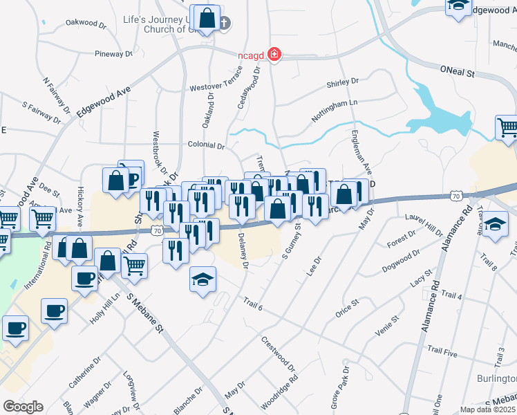 map of restaurants, bars, coffee shops, grocery stores, and more near 108 Colonial Drive in Burlington