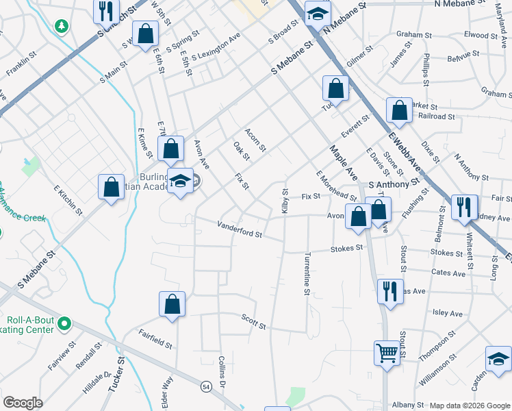 map of restaurants, bars, coffee shops, grocery stores, and more near 724 Everett Street in Burlington
