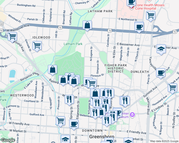 map of restaurants, bars, coffee shops, grocery stores, and more near 807 North Eugene Street in Greensboro