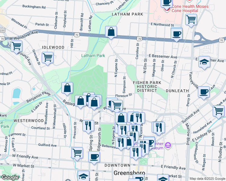 map of restaurants, bars, coffee shops, grocery stores, and more near 807 North Eugene Street in Greensboro