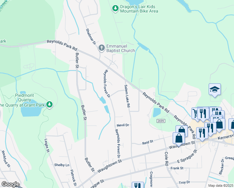 map of restaurants, bars, coffee shops, grocery stores, and more near 2712 Kirkstone Drive in Winston-Salem