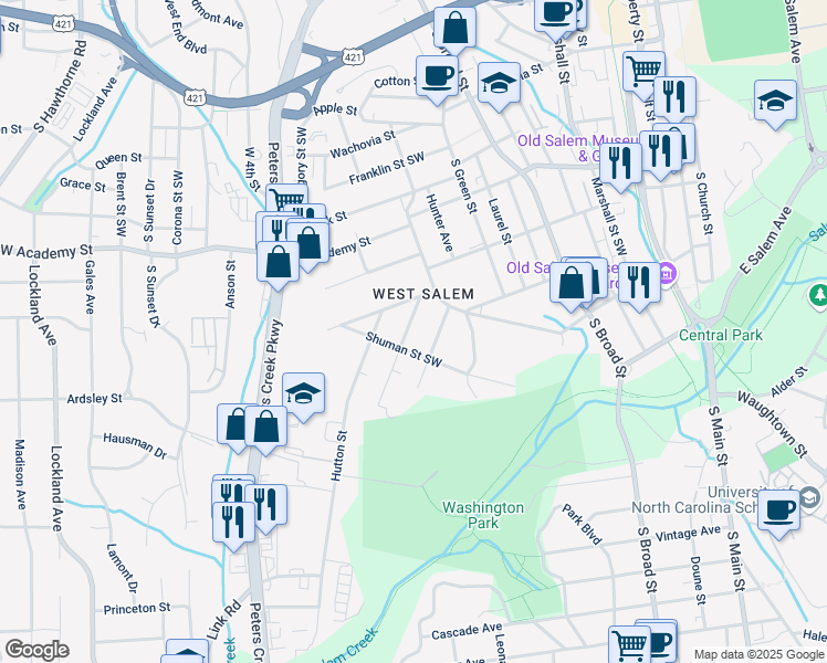 map of restaurants, bars, coffee shops, grocery stores, and more near 833 Holland Street Southwest in Winston-Salem