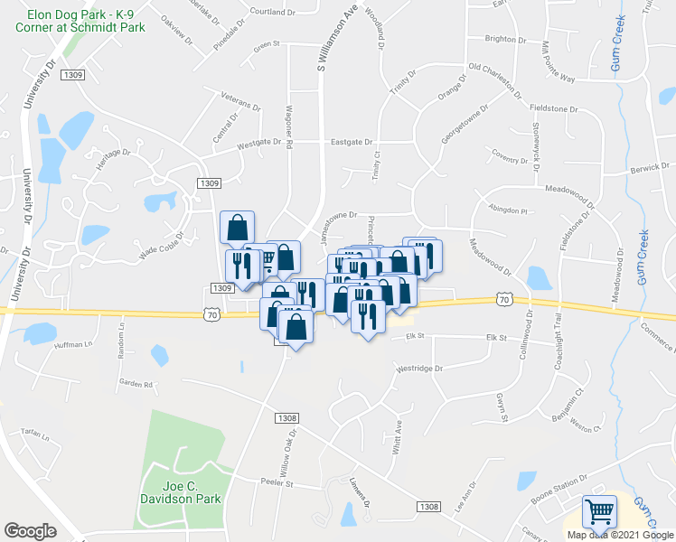 map of restaurants, bars, coffee shops, grocery stores, and more near 1236 Jamestowne Drive in Elon