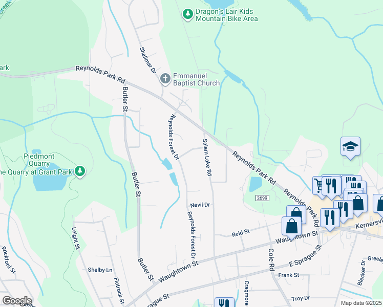 map of restaurants, bars, coffee shops, grocery stores, and more near 2712 Kirkstone Drive in Winston-Salem